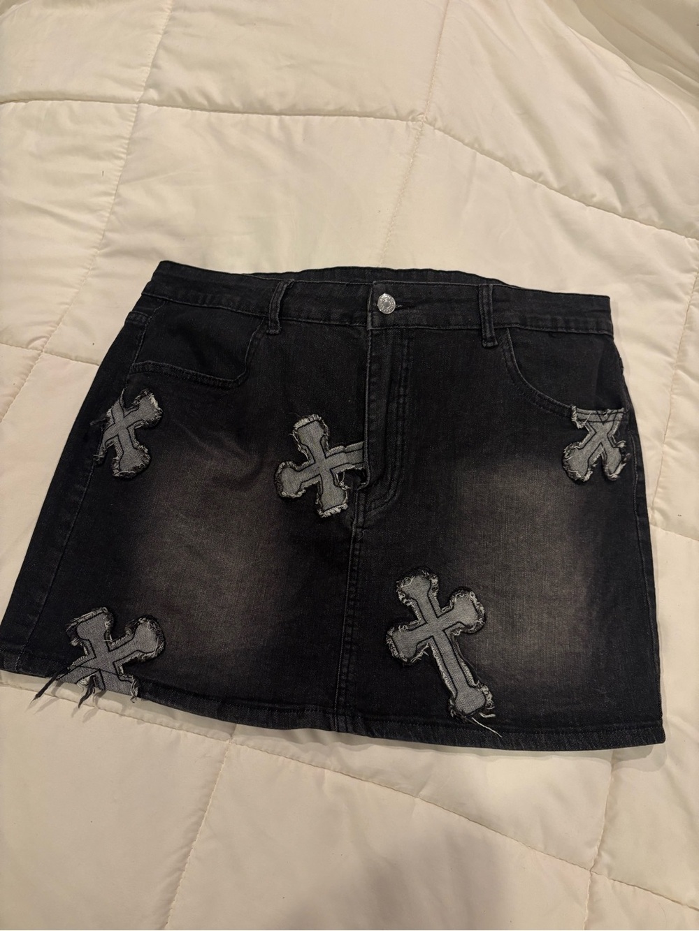 SHEIN Black Distressed Cross Patch Denim Mini Skirt